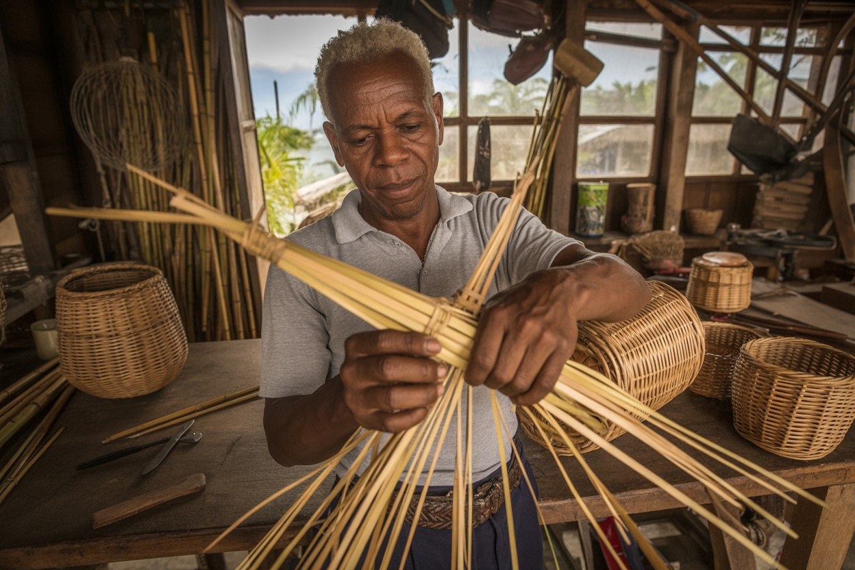 Artisan guadeloupéen travaillant le bambou dans son atelier traditionnel