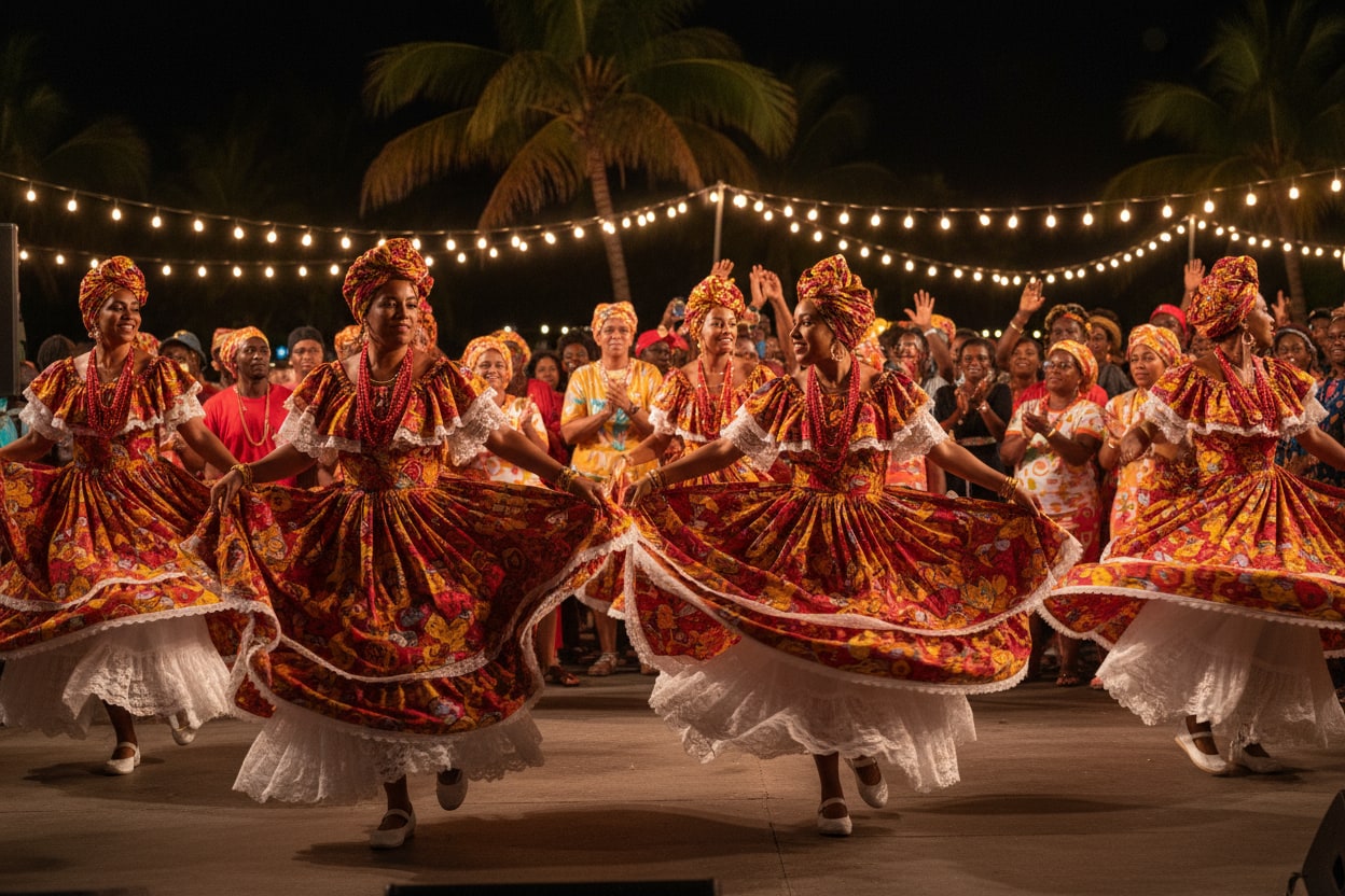 Festival de musique traditionnelle en Guadeloupe avec danseurs en costume créole