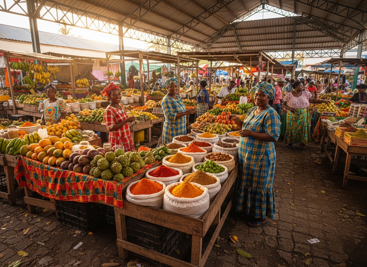 Marché traditionnel coloré de Guadeloupe avec fruits tropicaux et épices
