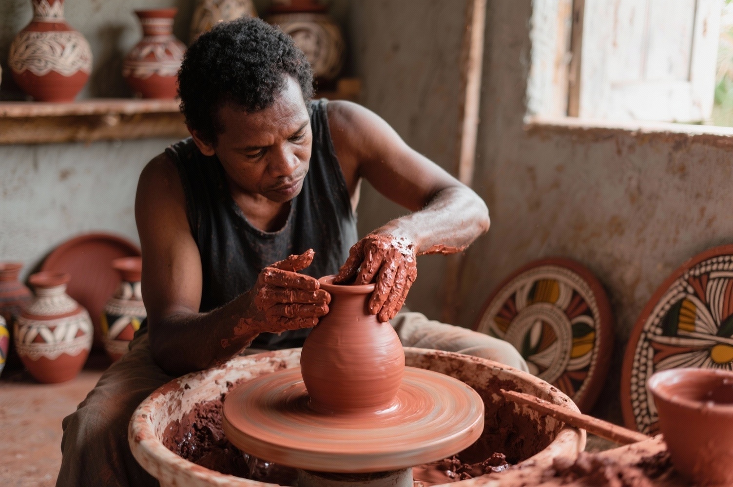 Potier créole façonnant une céramique traditionnelle aux motifs caribéens