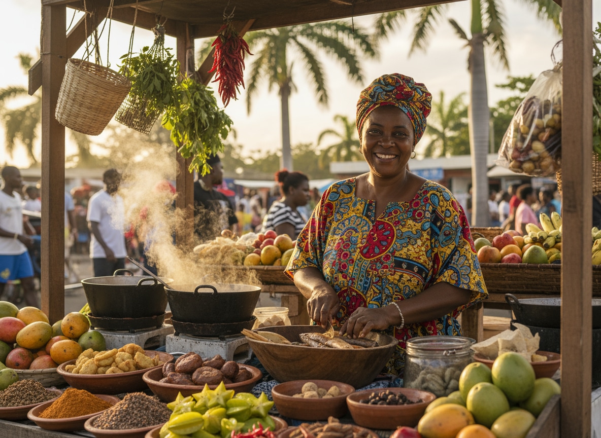 Vendeuse de rue préparant des spécialités créoles traditionnelles en Guadeloupe
